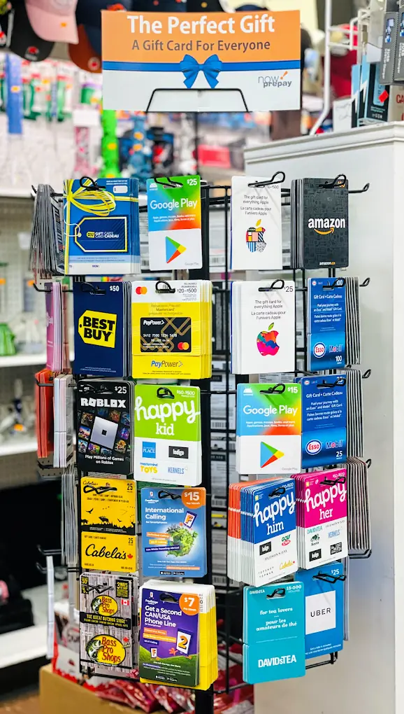 Gift card display rack at Eagle Mini Mart with cards for popular stores and apps